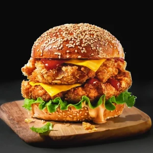 Fully Loaded Burger - Twin Chicken Patties with Melted Cheese, Fresh Tomato, Crisp Lettuce, Red Onion, and Burger Sauce