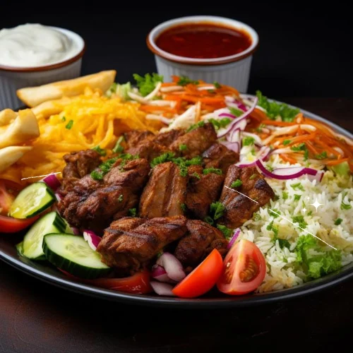 Shawarma Plate - Expertly Seasoned Meat, Fragrant Rice, Fresh Salad, and Flavorful Sauce